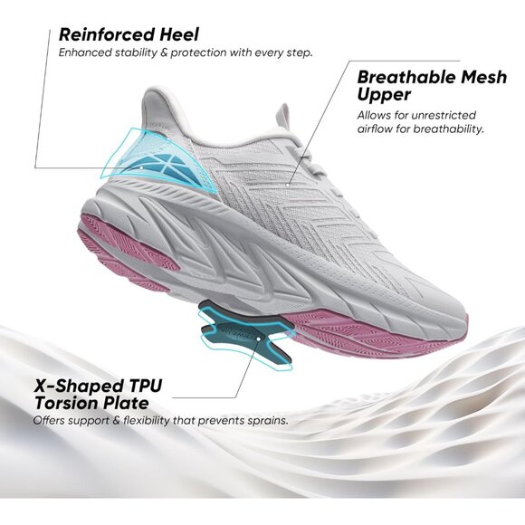 Women's Light Grey Purple Walking Shoes Comfort Breathable Non-Slip Gym Sneaker - Picture 4 of 8